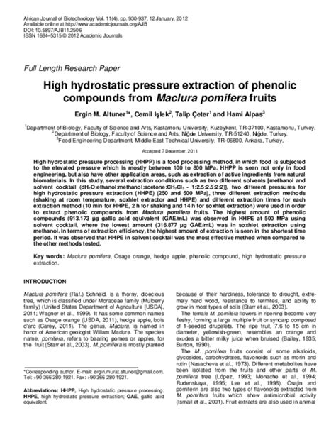 Extraction of phenolic compounds by high hydrostatic pressure .